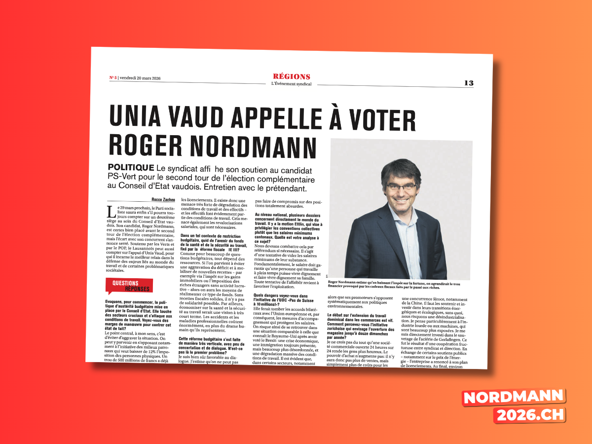 Unia Vaud appelle à voter Roger Nordmann au second tour.